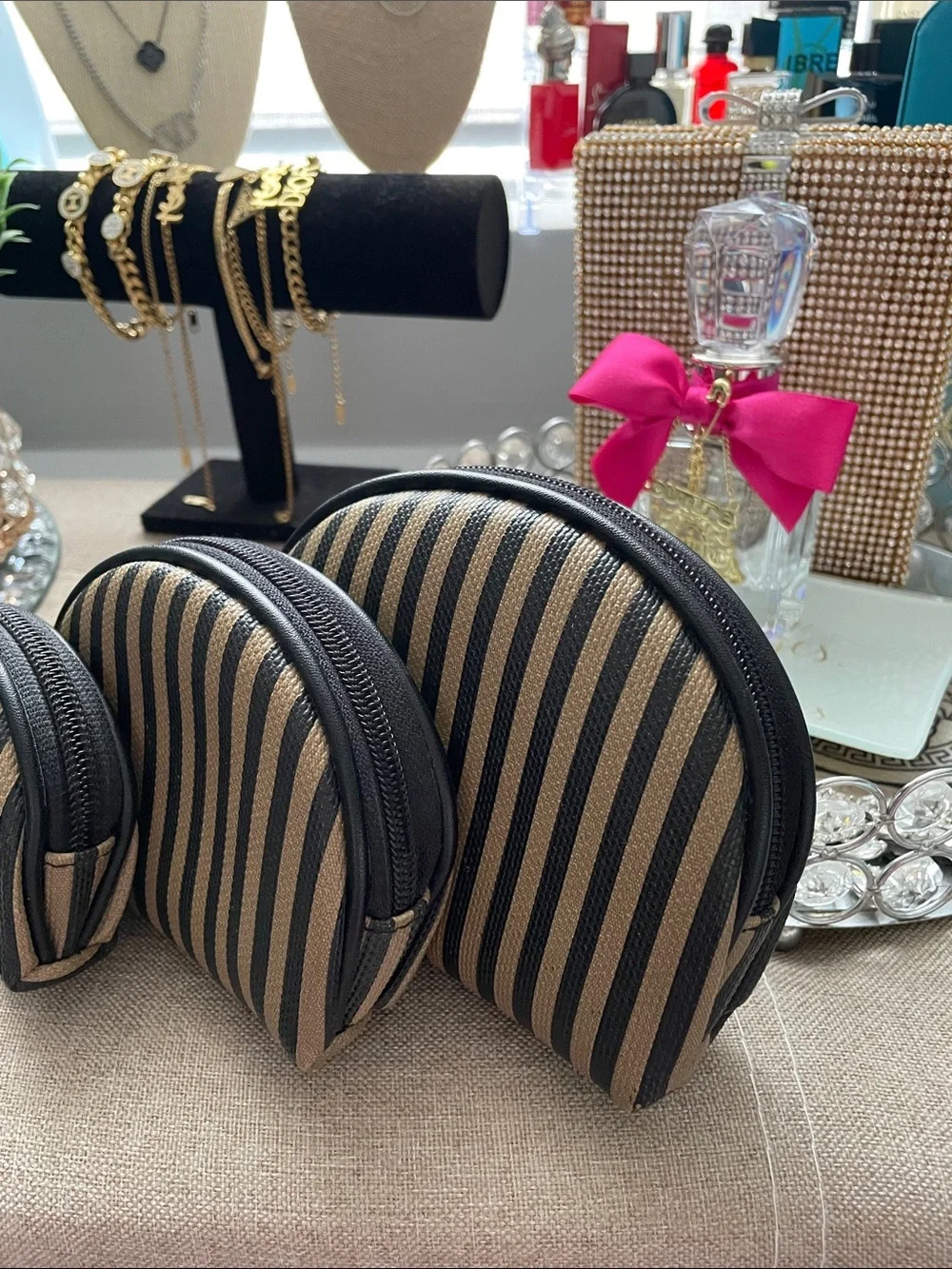 ✨🖤Striped Black & Tan Travel Pouch Set - 3 Piece🖤✨NEW